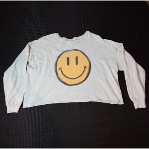 Love Vintage Smiley Face Cropped Sweatshirt Light Blue Cotton Graphic Pullover M